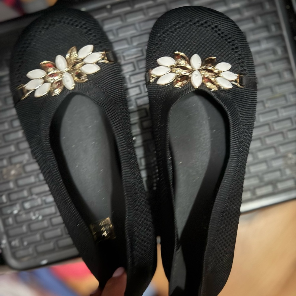 Elegant Black Flats with Gold and White Accents